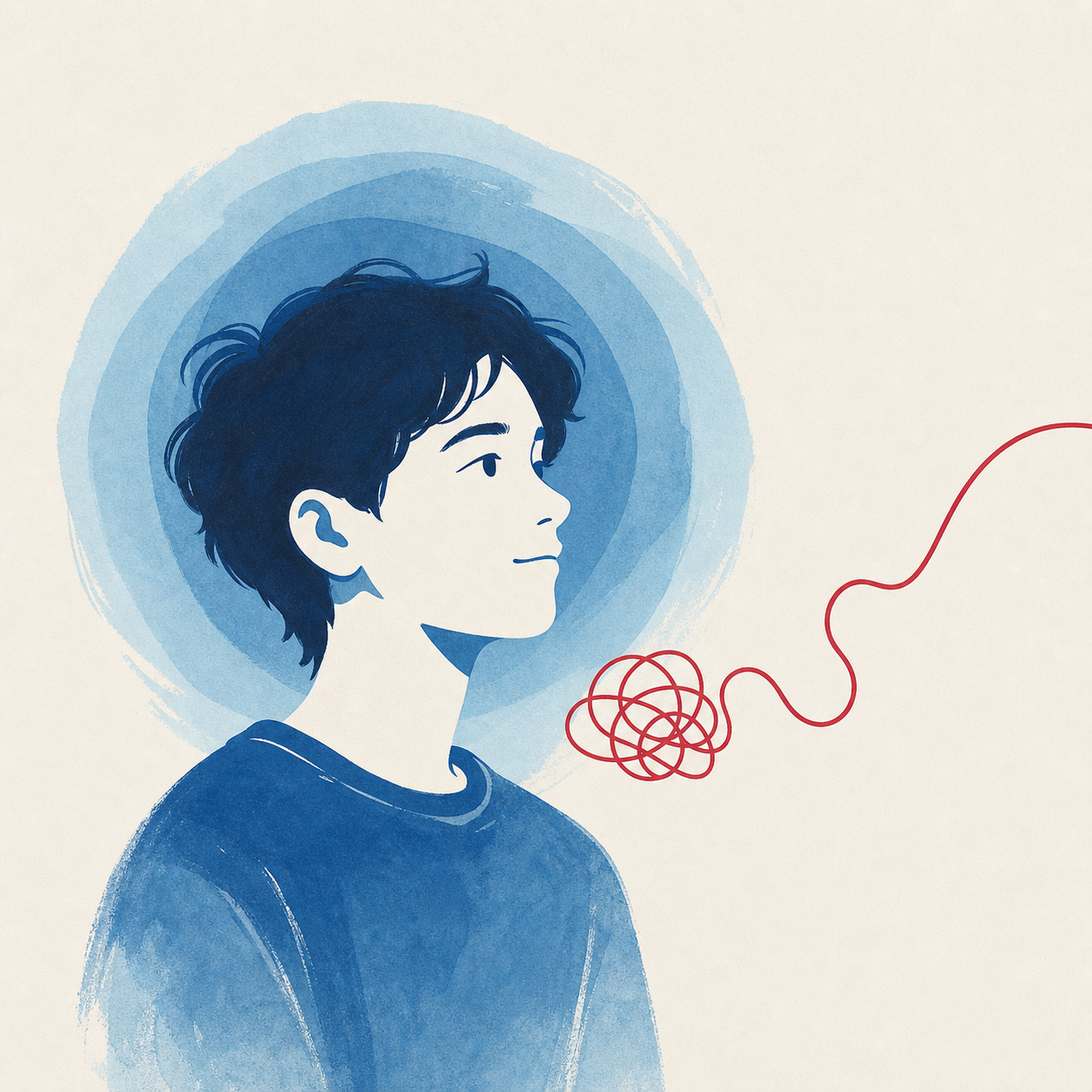 Ilustração de um jovem ao lado de uma linha que se abre, representando pensamentos encontrando expressão