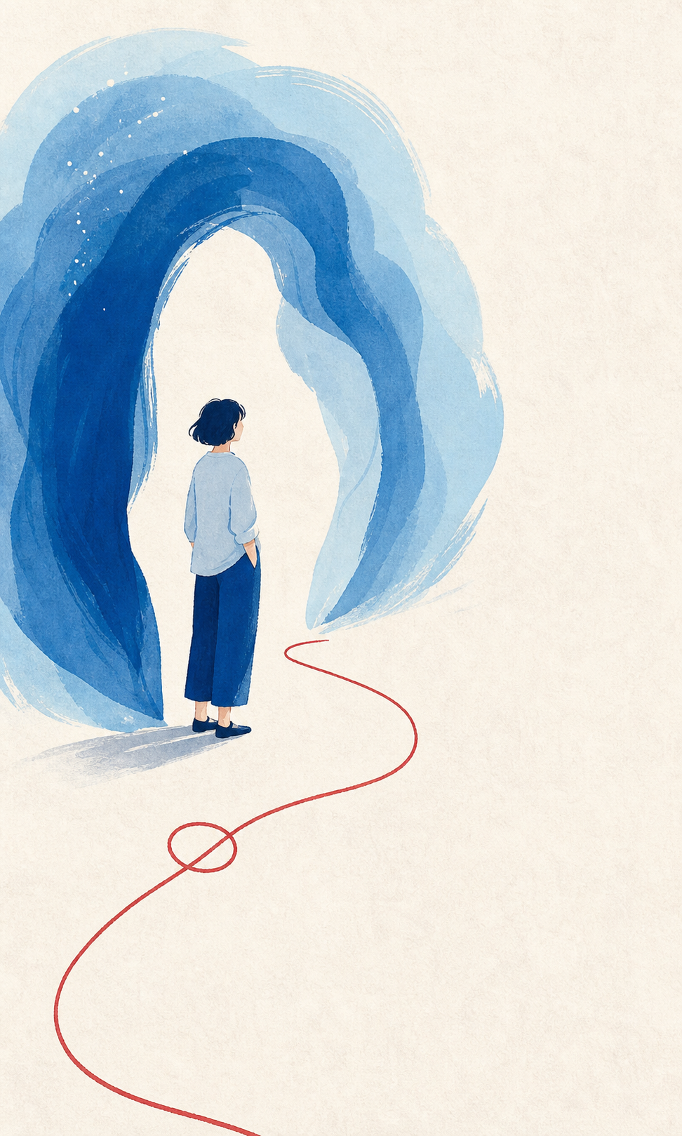Ilustração de uma pessoa diante de formas azuis abertas como uma passagem, com uma linha vermelha indicando possibilidades